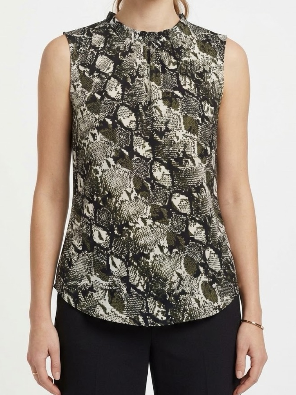 NINE WEST Silky Olive Green & Black Snake-Print Sleeveless Blouse Shell Top #LHP